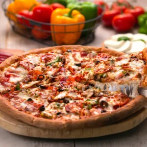 Deluxe pizza with assorted toppings from WiseGuys Pizza