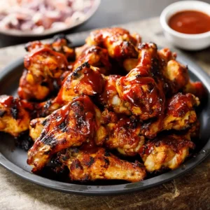 A plate of Wise Guys Pizza's delicious, wood-fired chicken wings glazed in a tantalizing sauce, served with side ranch