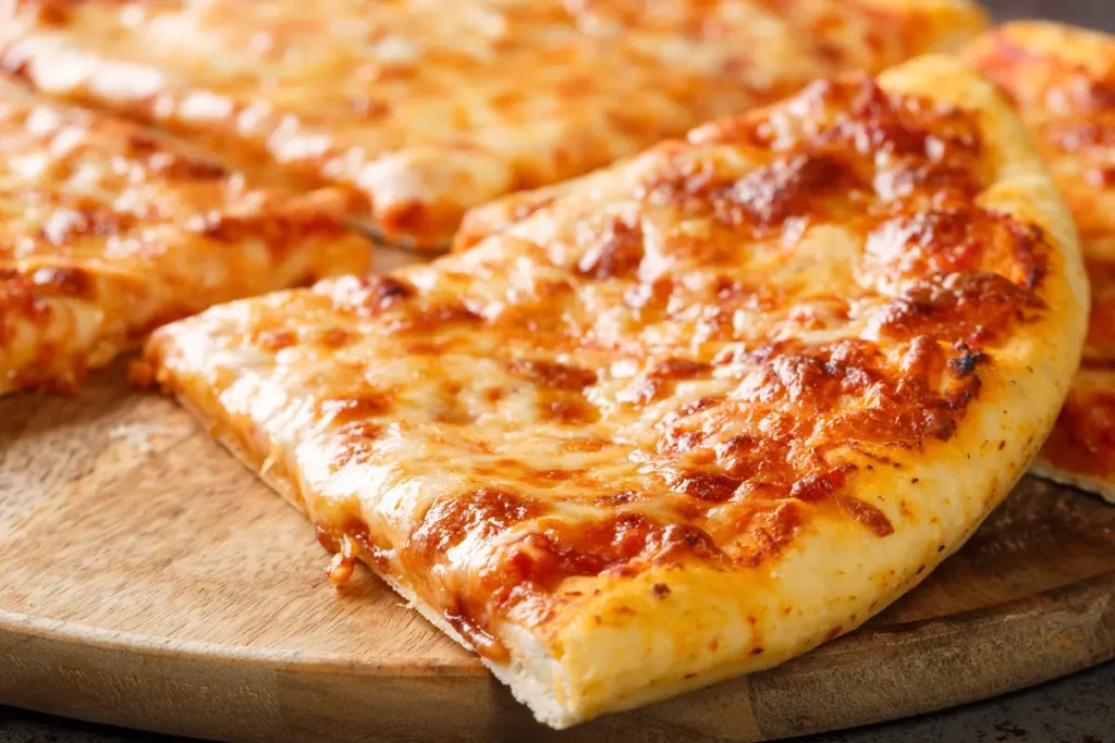 Fresh out of the oven: a warm cheese pizza with perfectly melted mozzarella and golden crust, served at WiseGuys Pizza.