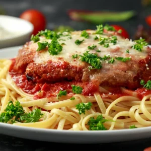 A plate of spaghetti with a large breaded and baked chicken parmesan cutlet, topped melted cheese fresh parsley garnish