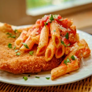 A plate of breaded and fried chicken parmesan served with a side penne pasta in tomato sauce, garnished fresh parsley