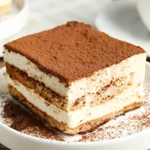 A decadent slice of tiramisu dessert, featuring layers of creamy mascarpone and cocoa-dusted ladyfingers on a white plate