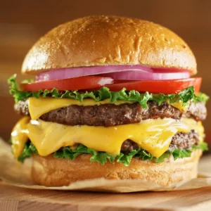 A close-up of a juicy burger from Wise Guys Pizzeria, featuring toasted bun, melted cheese, fresh lettuce
